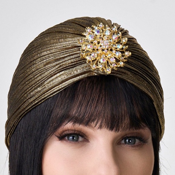 1920s Rhinestone Pin and Gold Turban Hat - Picture 2 of 2